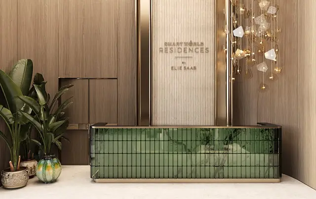 Reception desk in glazed green tile, Smartworld Residences by ELIE SAAB