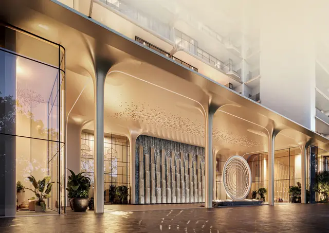 Double-height arrival lobby finished in Italian marble, Smartworld Residences by ELIE SAAB