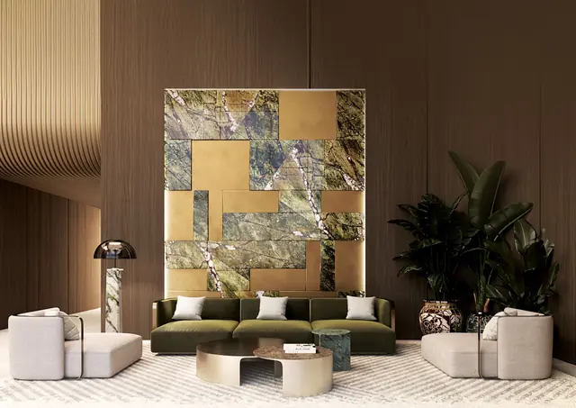 Lounge with marble feature wall and designer seating, Smartworld Residences by ELIE SAAB