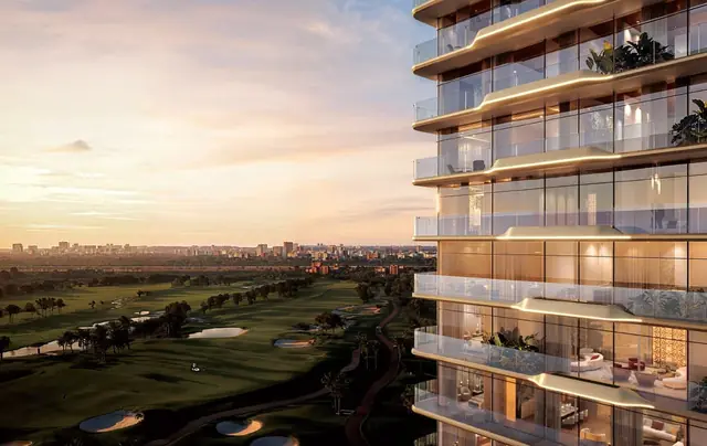Sculpted balconies overlooking the golf course at sunset, Smartworld Residences by ELIE SAAB