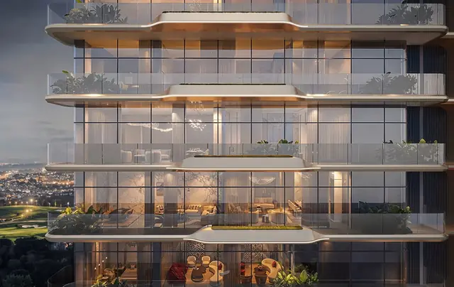 Illuminated balcony facade at dusk, Smartworld Residences by ELIE SAAB