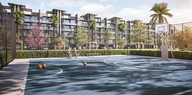 Landscaped walkway between residential blocks at Smartworld Gems