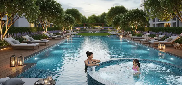 Swimming pool and sun deck at Smartworld Nature's Court, Gurgaon International City