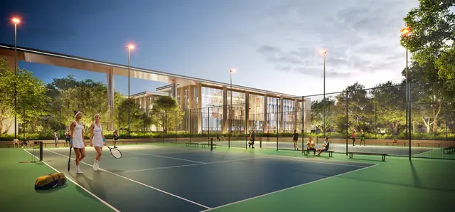 Floodlit tennis courts beside the clubhouse at Smartworld Nature's Court