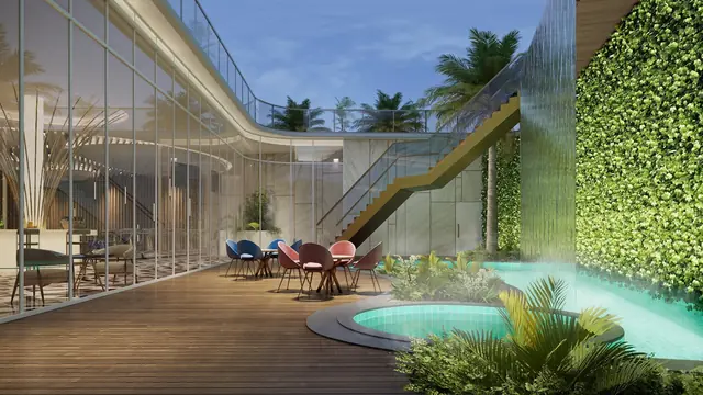 Clubhouse interior with living green wall and pool deck, Smartworld Orchard