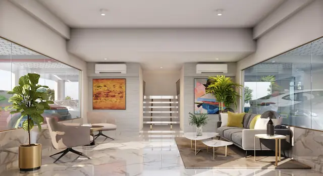 Living room with full-height glazing in a Smartworld Orchard residence