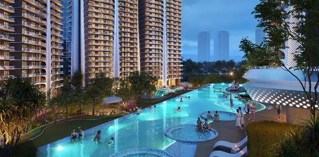 Illuminated swimming pool and twin towers at Smartworld The Edition, Sector 66 Gurugram