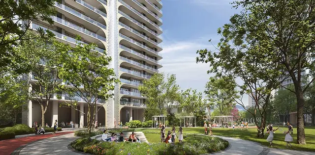 Landscaped central green and high-rise towers at Smartworld The Edition