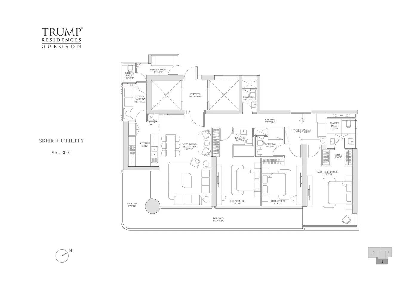 3 BHK + Utility — SA 3,091 sq. ft. floor plan for Trump Residences Sector 69 Gurgaon