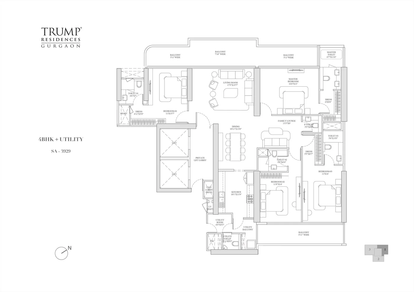 4 BHK + Utility — SA 3,929 sq. ft. floor plan for Trump Residences Sector 69 Gurgaon