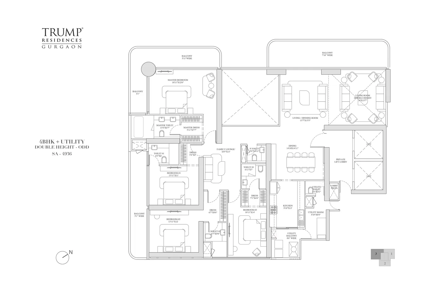 4 BHK + Utility, Double Height (Odd) — SA 4,936 sq. ft. floor plan for Trump Residences Sector 69 Gurgaon