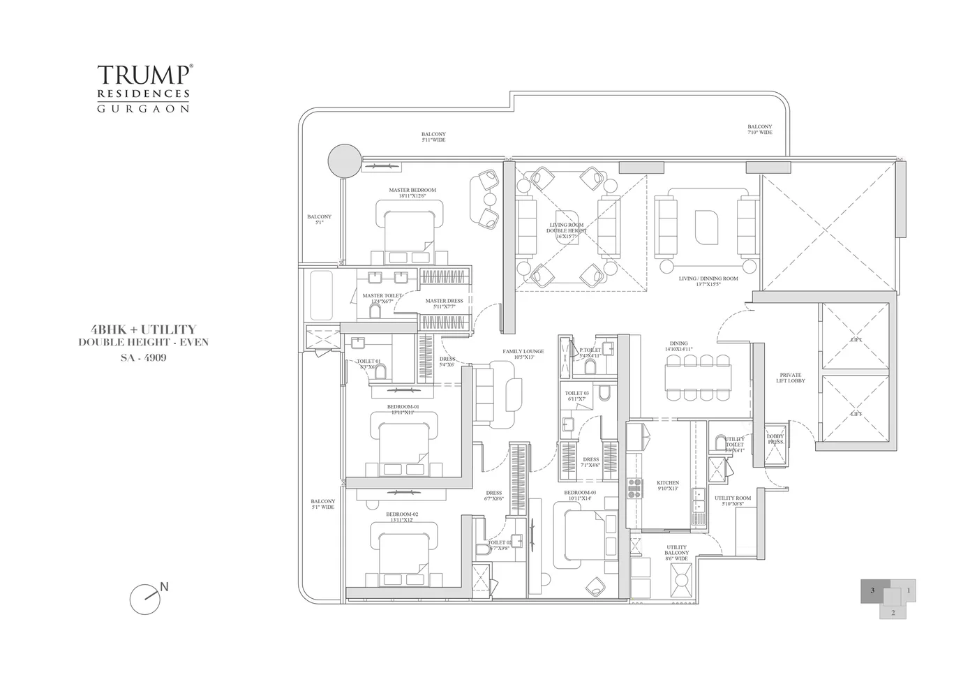 4 BHK + Utility, Double Height (Even) — SA 4,969 sq. ft. floor plan for Trump Residences Sector 69 Gurgaon